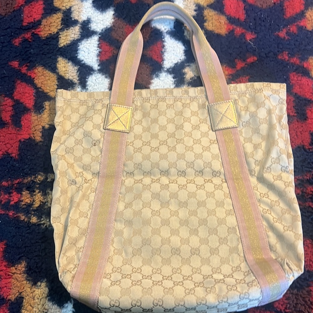 GUCCI GG Vintage canvas tote bag shoulder khaki beige pink gold - Picture 3 of 15